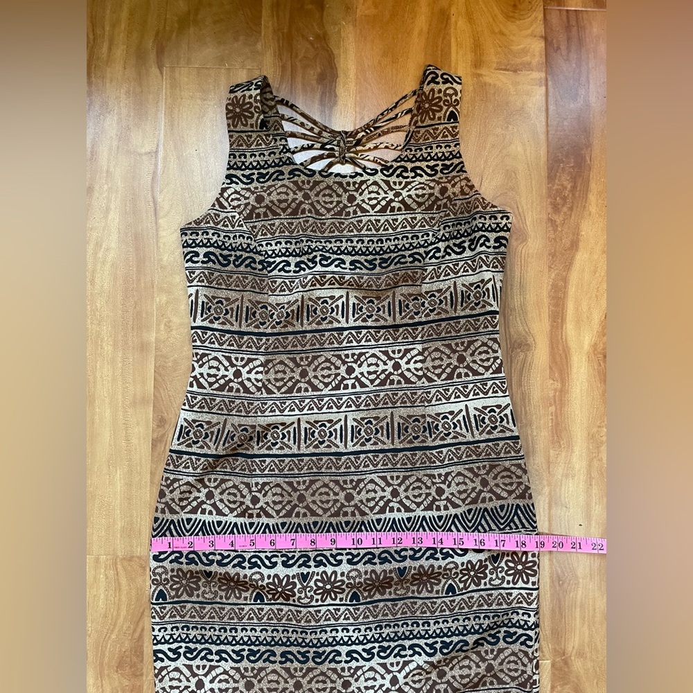 Vintage 90s Earthy Boho Chic Aztec Print Midi Sheath Dress, Size Small - Picture 9 of 13